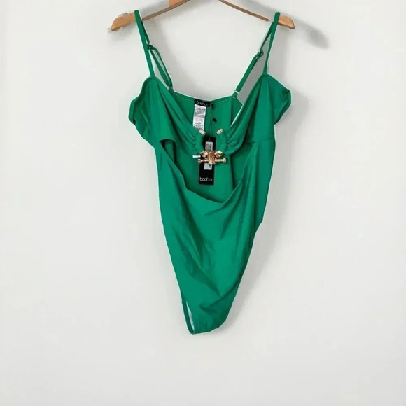 Boohoo Swimsuit Womens 12 Green One Piece Gold Trim Cut Out Strappy - Picture 1 of 5
